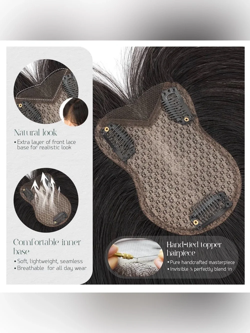 11” Dark Brown Human Hair Topper with Bangs Hair Extensions #TF4‎